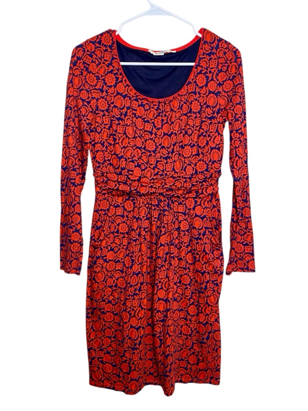 Boden Red & Navy Blue Floral Modest Midi Long Sleeve Scoop Neck Fall Knit Dress